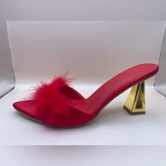 Red Satin Feather Mule Heels • Gold Block Heel • EU 40 (US 9–9.5) - Picture 2 of 8